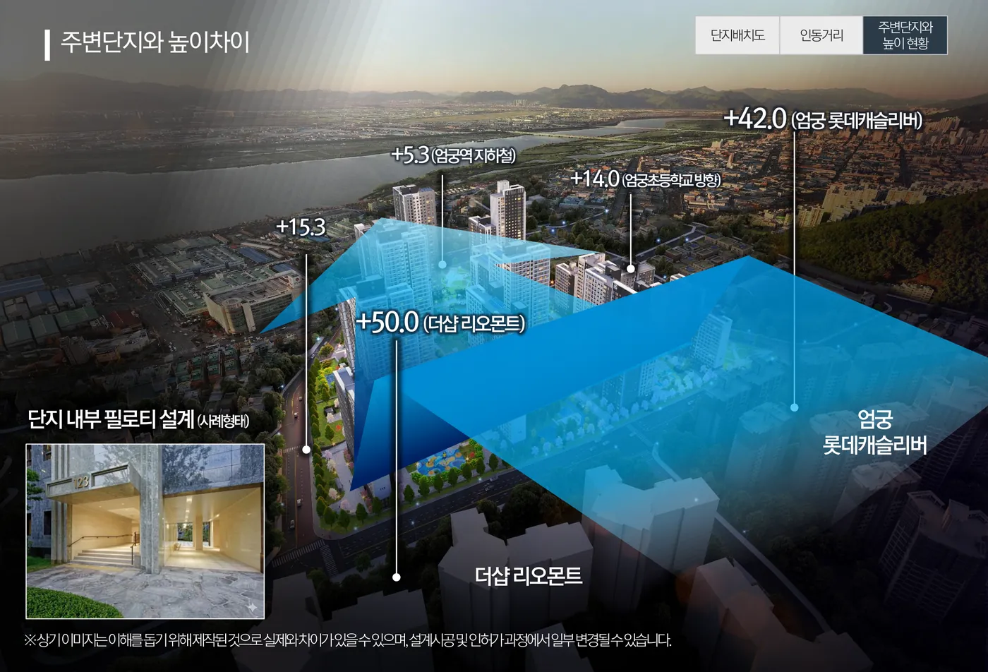엄궁역 트라비스 하늘채와 주변 단지 해발 높이 차이 - 엄궁역 +5.3m, 더샵 리오몬트 +50.0m, 롯데캐슬리버 +42.0m